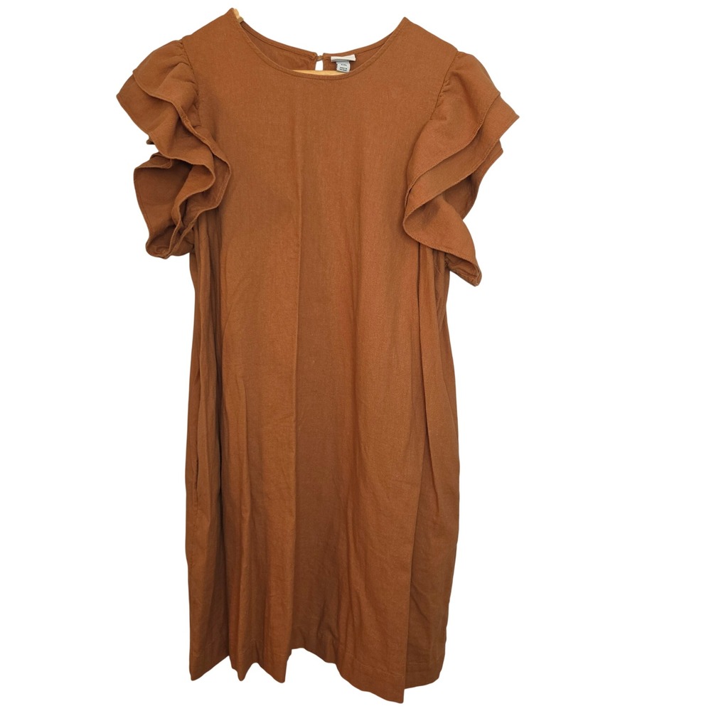 A New Day Shift Dress Brown Ruffle Sleeve Linen Round Neck Button Knee XXL